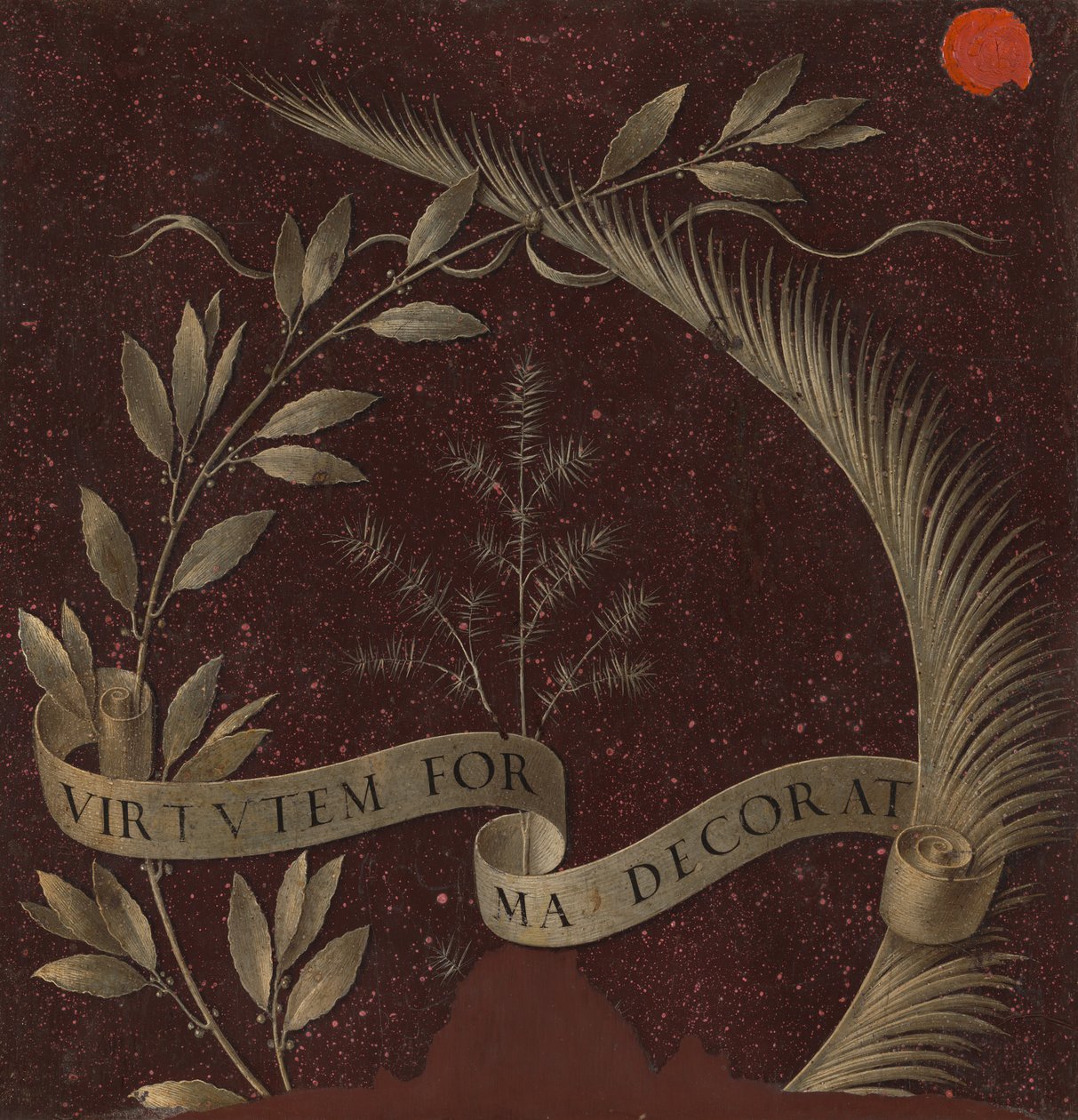 Corona di alloro, palma e ginepro con una pergamena iscritta Virtutem Forma Decorat [retro], c. 147 da Leonardo da Vinci