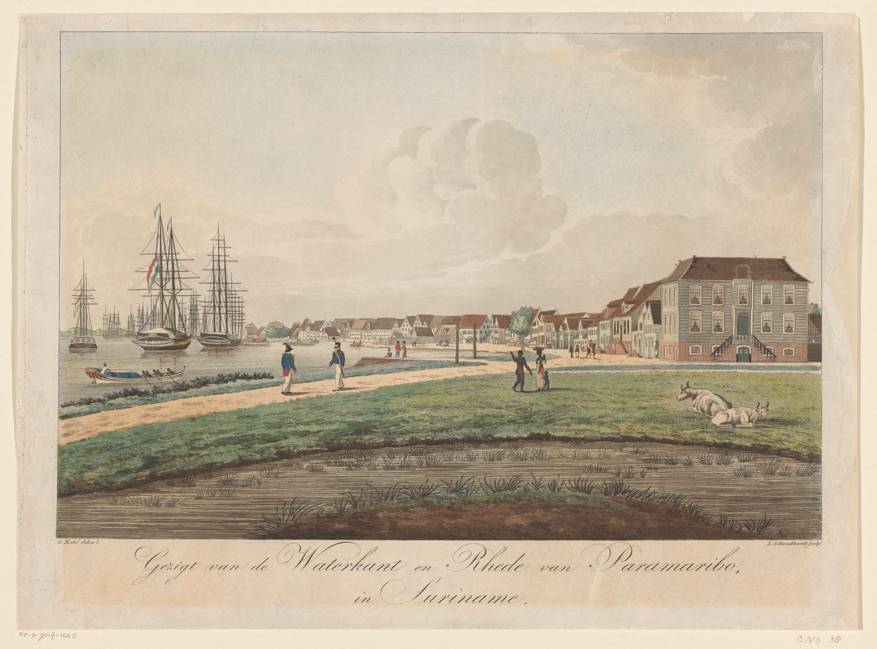 Veduta della Waterkant a Paramaribo (Gezigt van de Waterkant en Rhede van Paramaribo in Suriname) da Leonardus Schweickhardt
