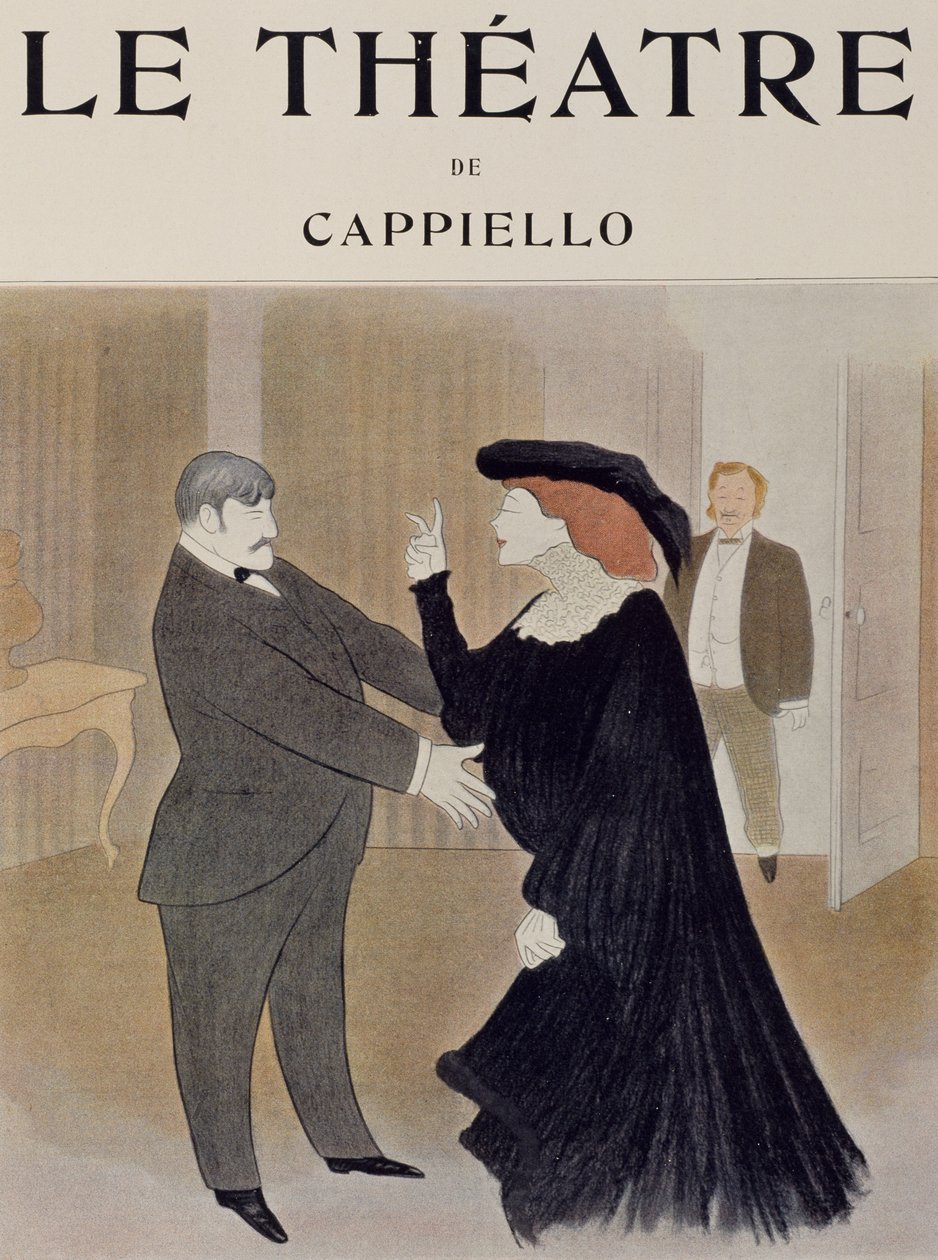 Attori Lucien Quitry e Jane Harding in una scena da La Chatelaine, rappresentata al Théâtre de la Renaissance a Parigi, disegno di Leonetto Cappiello, prima pagina del giornale Théâtre, aprile 1903 da Leonetto Cappiello
