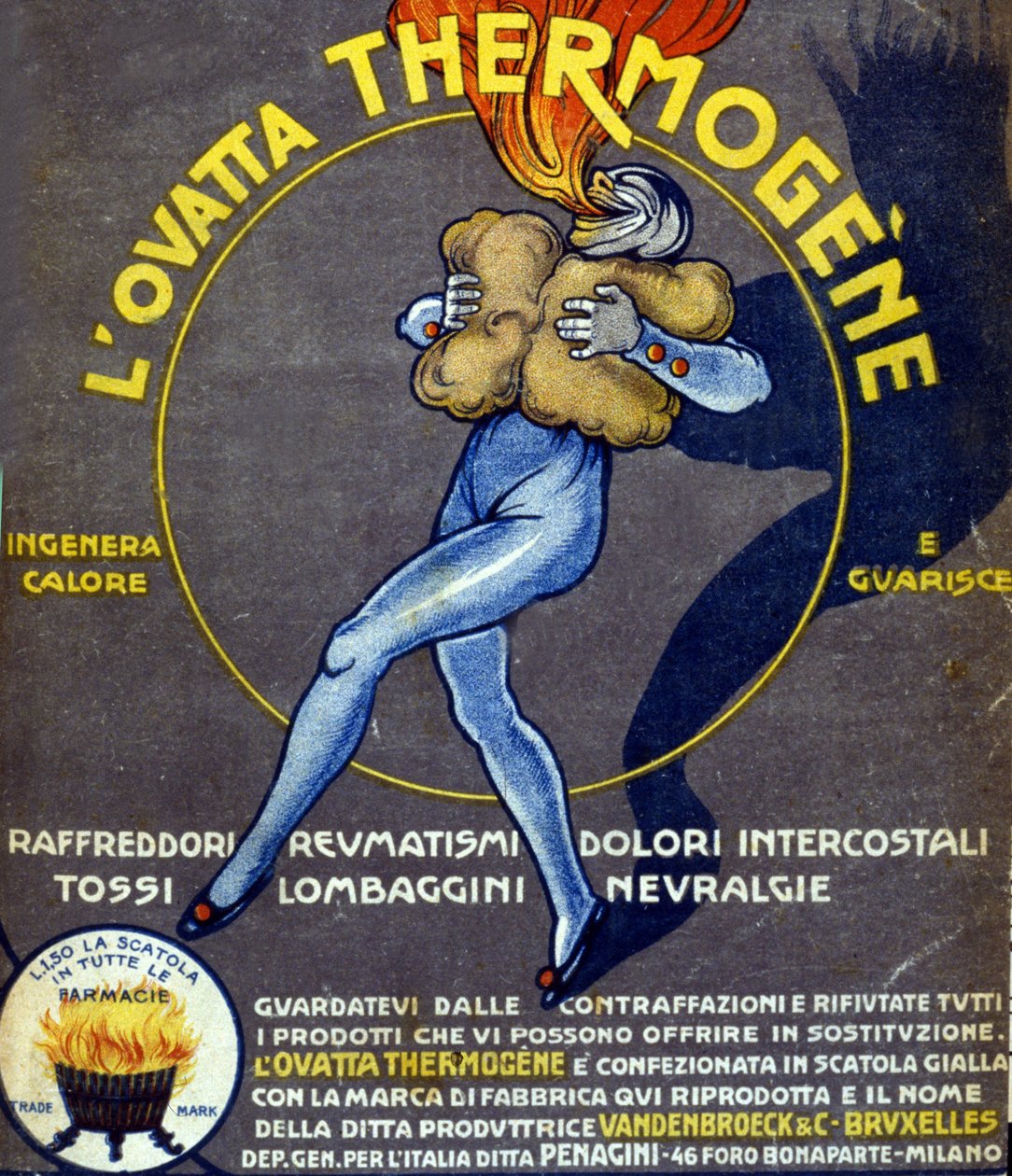 Pubblicità per cotone termogenico curativo per raffreddori, dolori interni, reumatismi, tosse, nevralgie e lombaggini (disegno di L. Cappiello, Italia, XX secolo) da Leonetto Cappiello