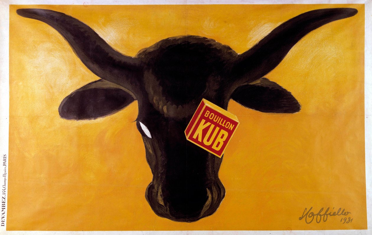Manifesto pubblicitario per il brodo Kub con una testa di manzo. 1931. Illustrazione di Leonetto Cappiello (1875-1942) da Leonetto Cappiello