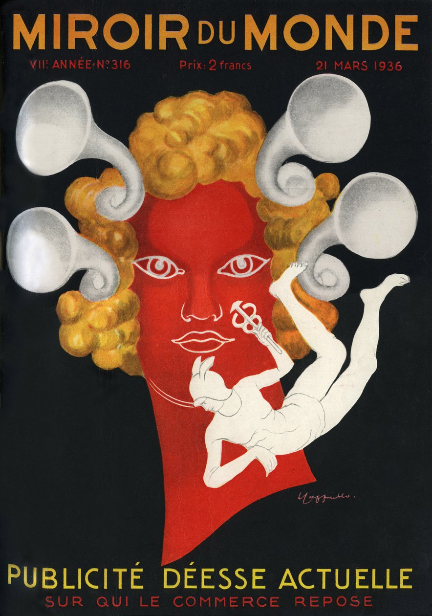 Allegoria della Pubblicità "Dea Corrente su cui si basa il commercio", con Mercurio, dio dei viaggiatori e del commercio. Copertina della rivista Mirror du monde n°316, 21 marzo da Leonetto Cappiello