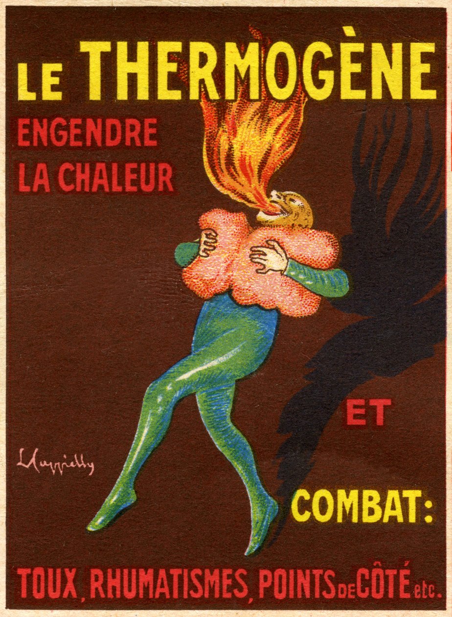 Etichetta di una scatola di ovatta revulsiva e risolutiva Le Thermogene, compressa destinata ad alleviare tosse, raffreddore, dolore e reumatismi - formula: cotone idrofilo, nuova coccina, arancio giallo S, estratto di capsico. Prodotto farmaceutico fabbri da Leonetto Cappiello