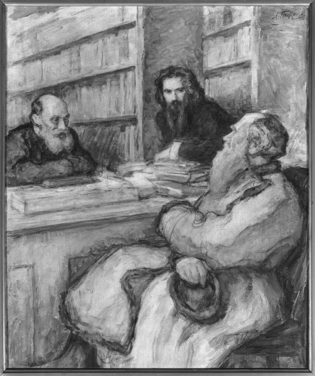 Leo Tolstoy con Nicolas Fedorov e Vladimir Solovyov, filosofi russi da Leonid Osipovic Pasternak