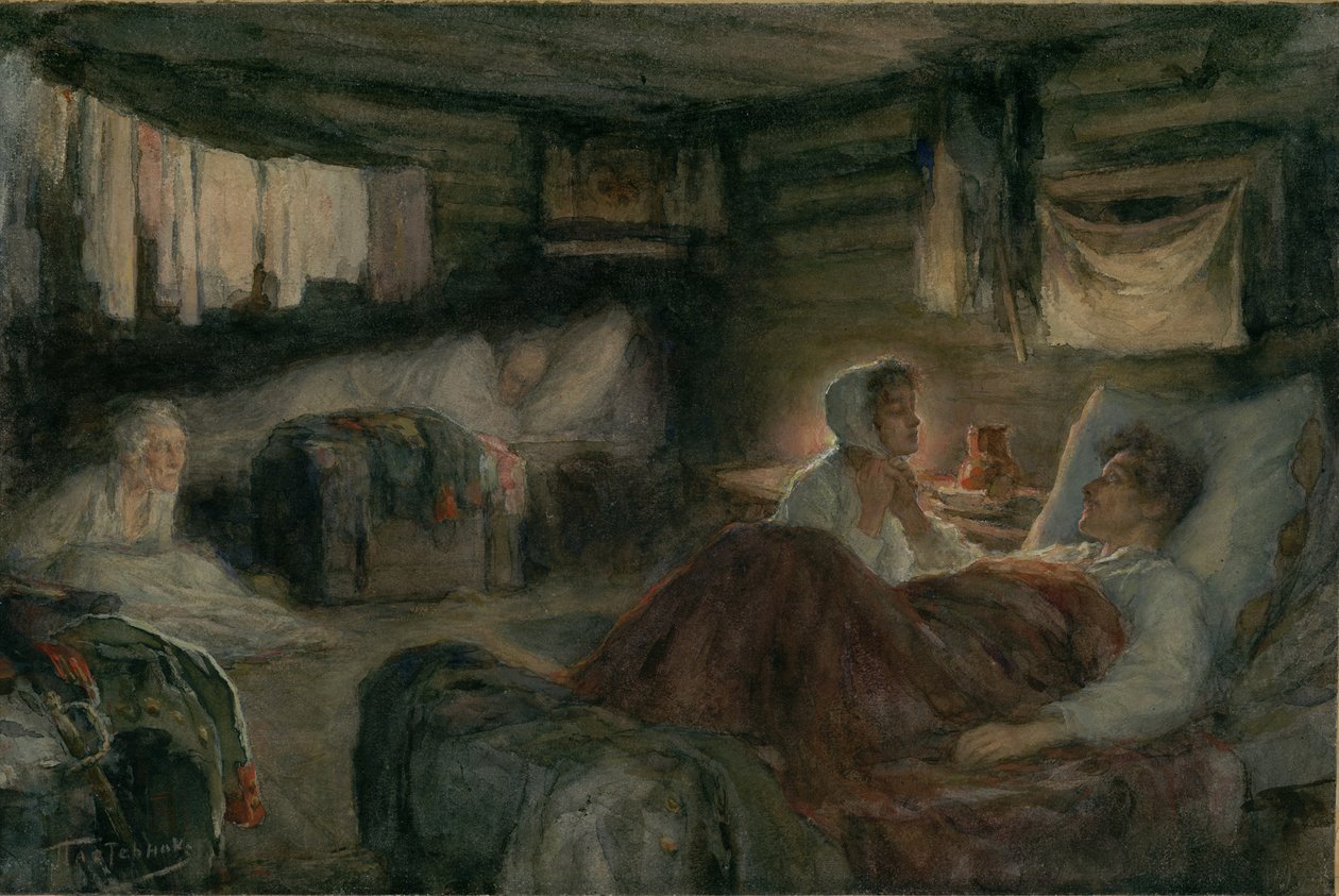Natasha e il principe Andrei ferito a Mytishchi. Illustrazione per il romanzo Guerra e Pace da Leonid Osipovich Pasternak