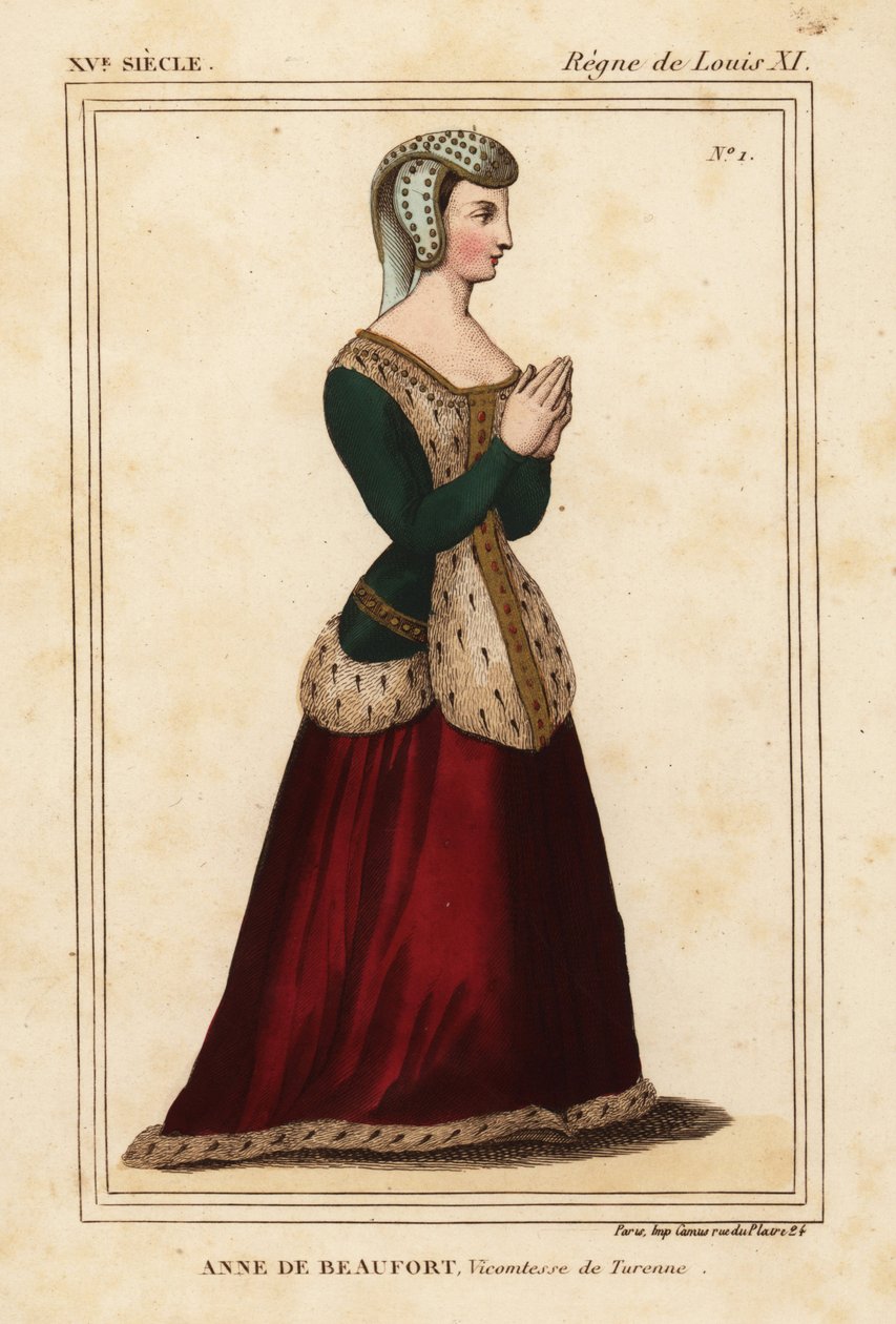 Anne Rogier de Beaufort, Vicomtesse de Turenne 1435-1479. Handkolorierte Lithographie nach einem Glasfenster in der Kirche der Cordelieres de Nantes in Roger de Gaignieres