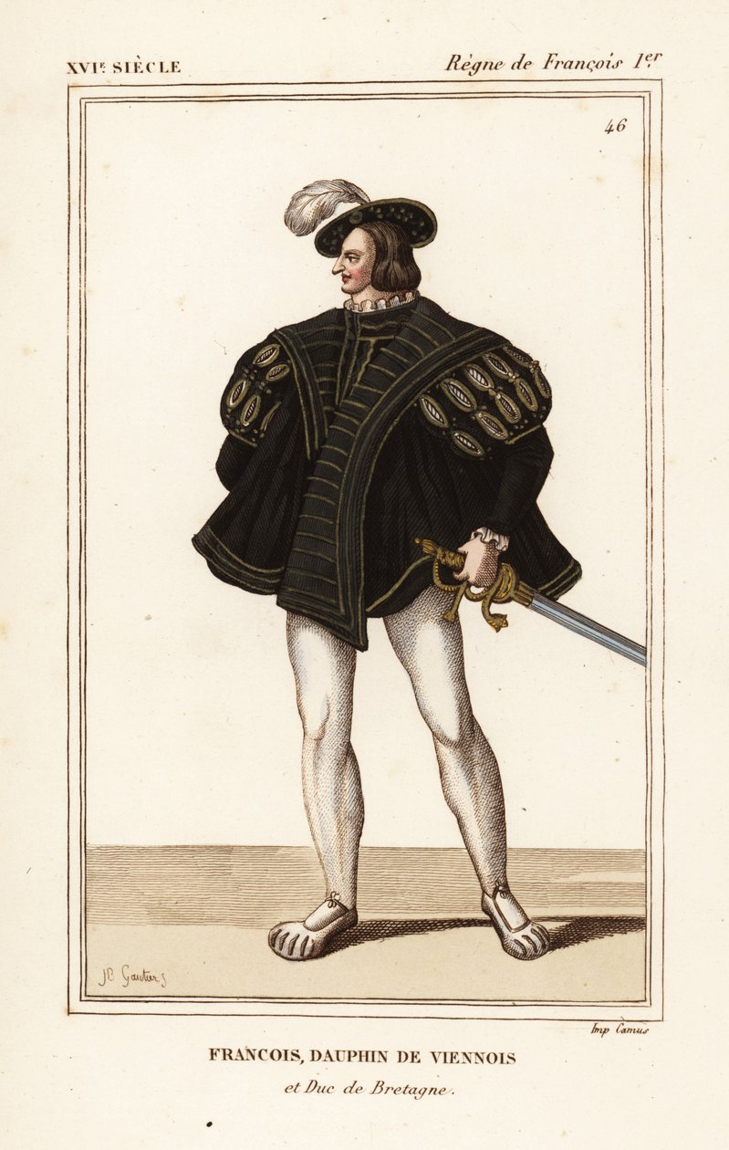 Francesco III, duca di Bretagna 1518-1536. François, delfino viennese e duca di Bretagna. Litografia colorata a mano di J. B. Gautier da un ritratto nel portfolio VIII 14 di Roger de Gaignières, da Costumes Historique de di Le Bibliophile Jacob, noto da Leopold Massard