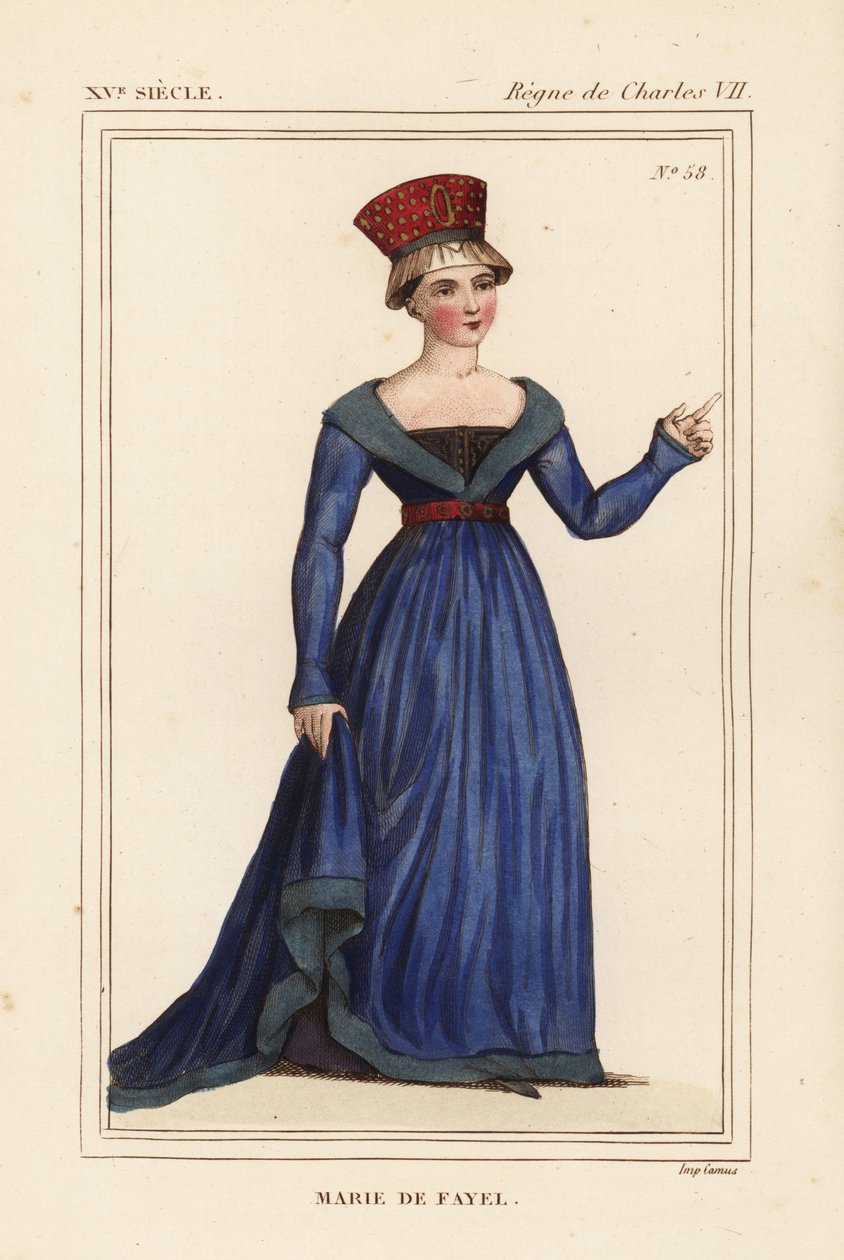 Marie de Fayel, contessa di Dammartin, moglie di Renaud de Nanteuil, signore di Acy e sorella di Jean de Fayel. Litografia colorata a mano dopo una miniatura nel manoscritto 