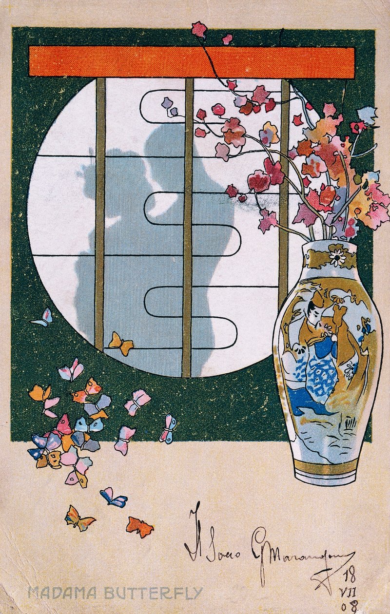 Cartolina creata per la prima di "Madame Butterfly", a Brescia da Leopoldo Metlicovitz