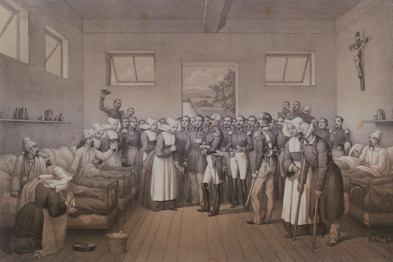 Aimable Jean Jacques Pelissier, Duca di Malakoff, visita i soldati feriti dopo la cattura di Sebastopoli nel 1855 da Lepan