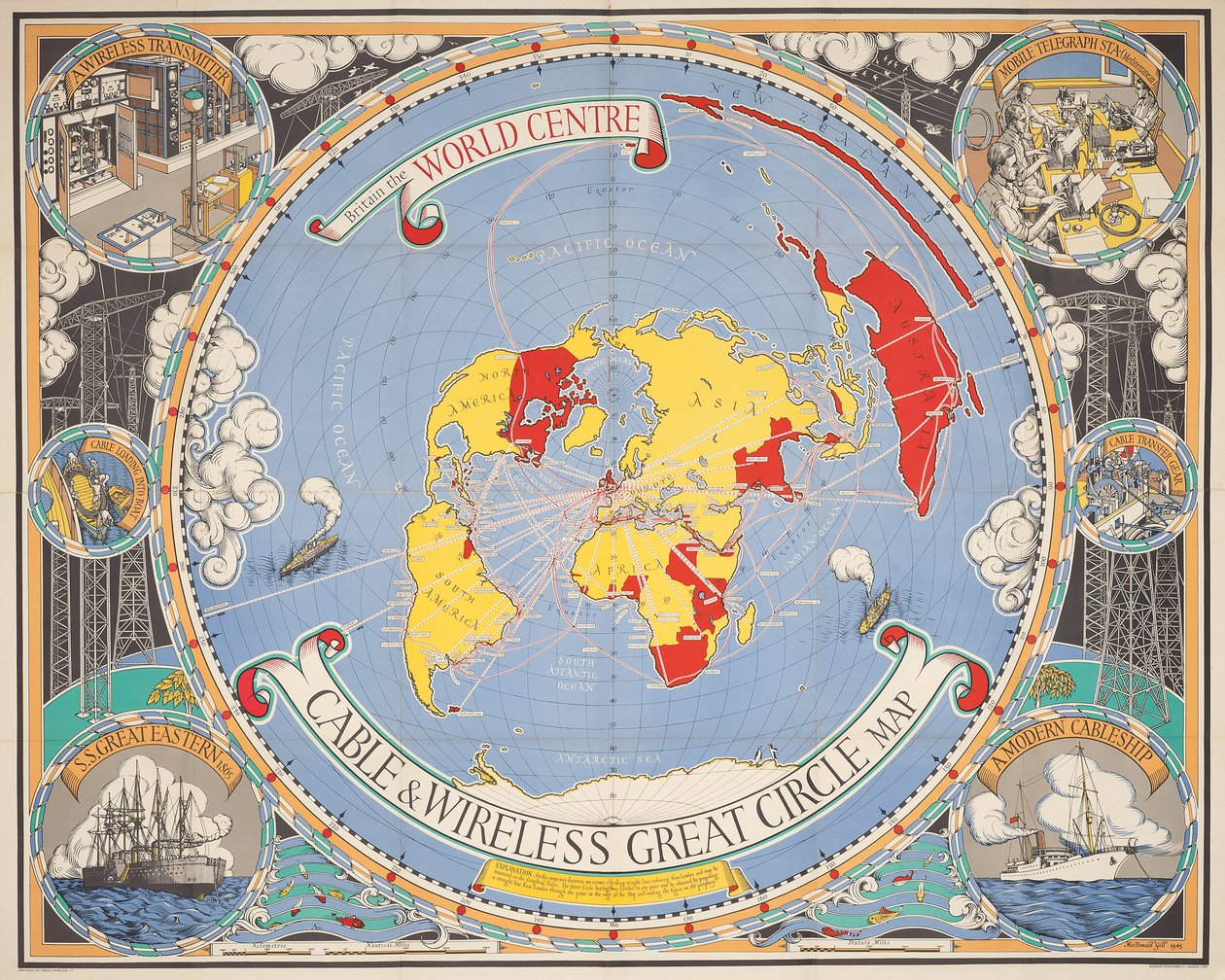 Mappa del Grande Cerchio di Cable & Wireless da Leslie MacDonald Gill