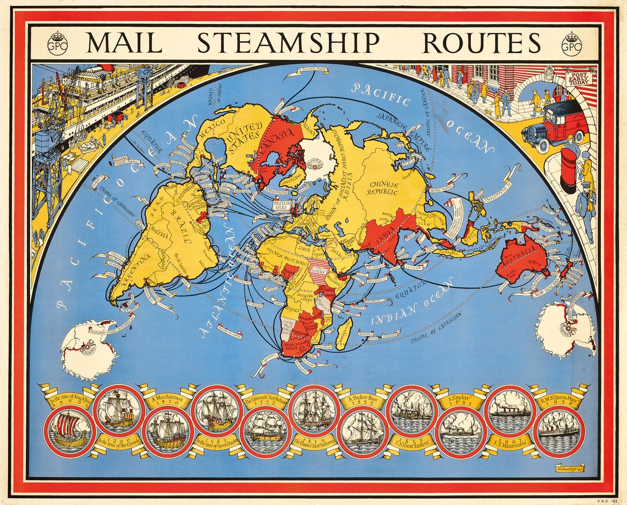 Poster pubblicitario delle rotte delle navi postali da Leslie MacDonald Gill