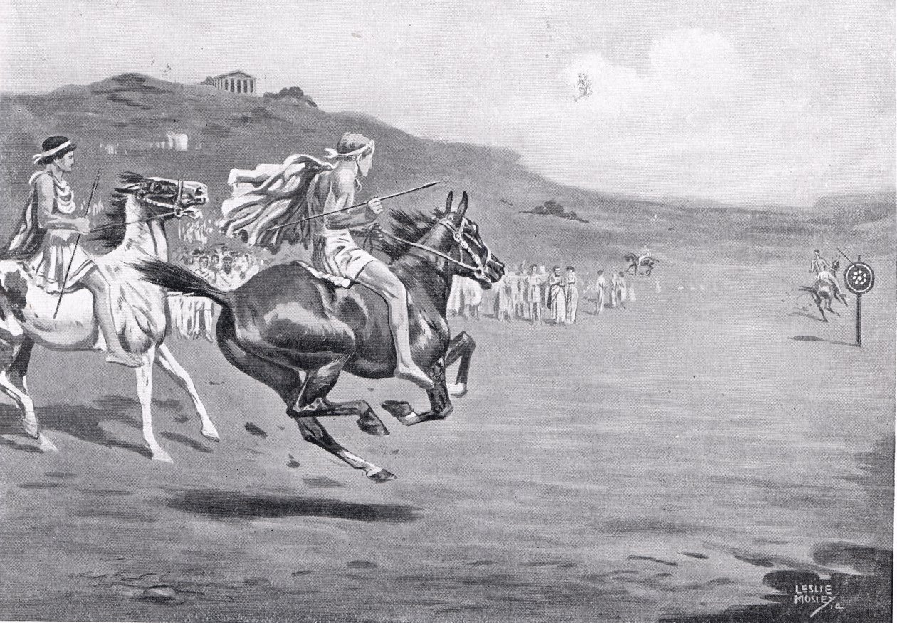 Cavalieri greci che lanciano il giavellotto, illustrazione da 