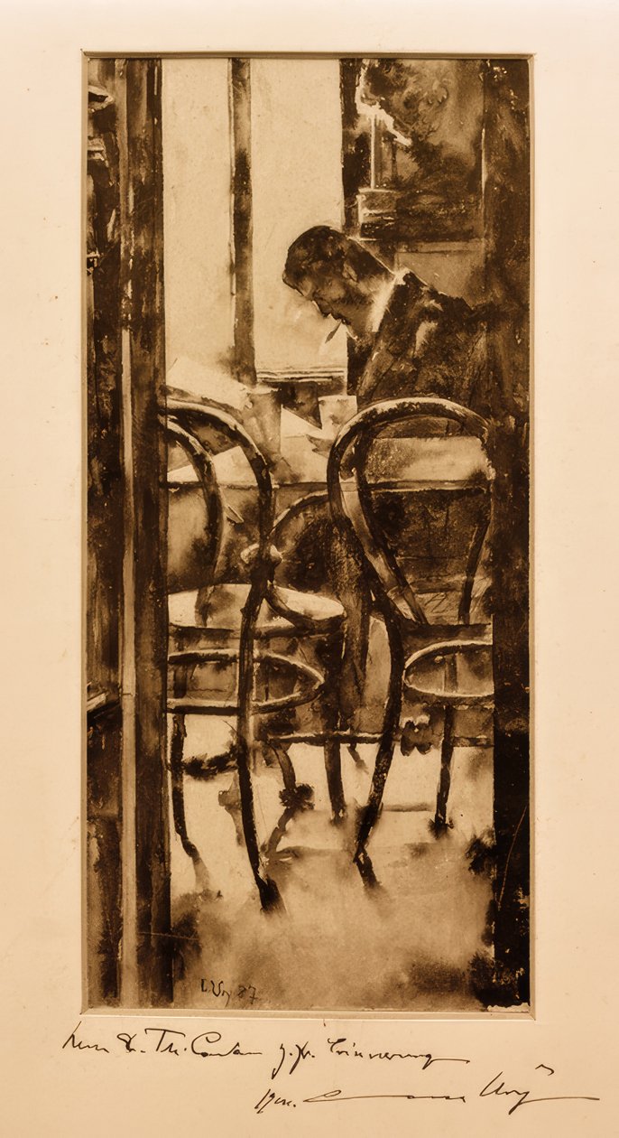 Caffè Gelber ad Amburgo (Uomo che legge il giornale al caffè) da Lesser Ury