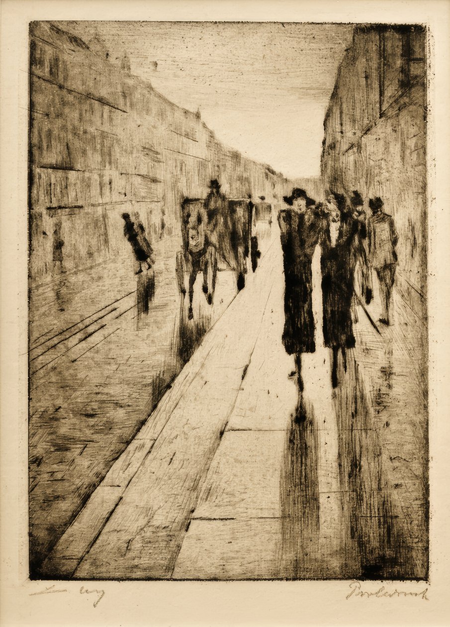 Passeggiatori sotto la pioggia davanti a una carrozza da Lesser Ury