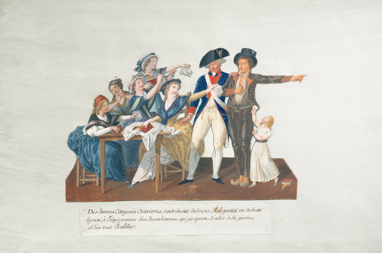 Cittadini che contribuiscono con i loro assignats per equipaggiare un giovane per la guerra da Lesueur Brothers