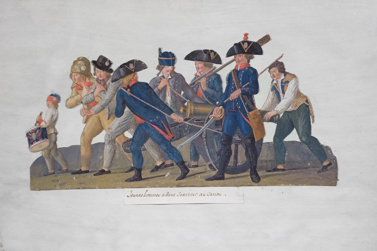 Giovani uomini che si esercitano con il cannone, c.1789 da Lesueur Brothers