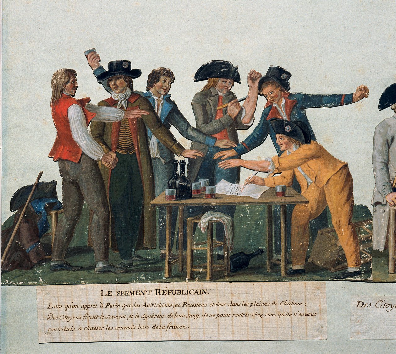 Rivoluzione francese: Il giuramento repubblicano: i cittadini giurano sul loro sangue di non tornare a casa finché non avranno cacciato gli austriaci e i prussiani dalla Francia. Gouache dei fratelli Lesueur (XVIII secolo). Parigi, Museo Carnavalet da Lesueur Brothers