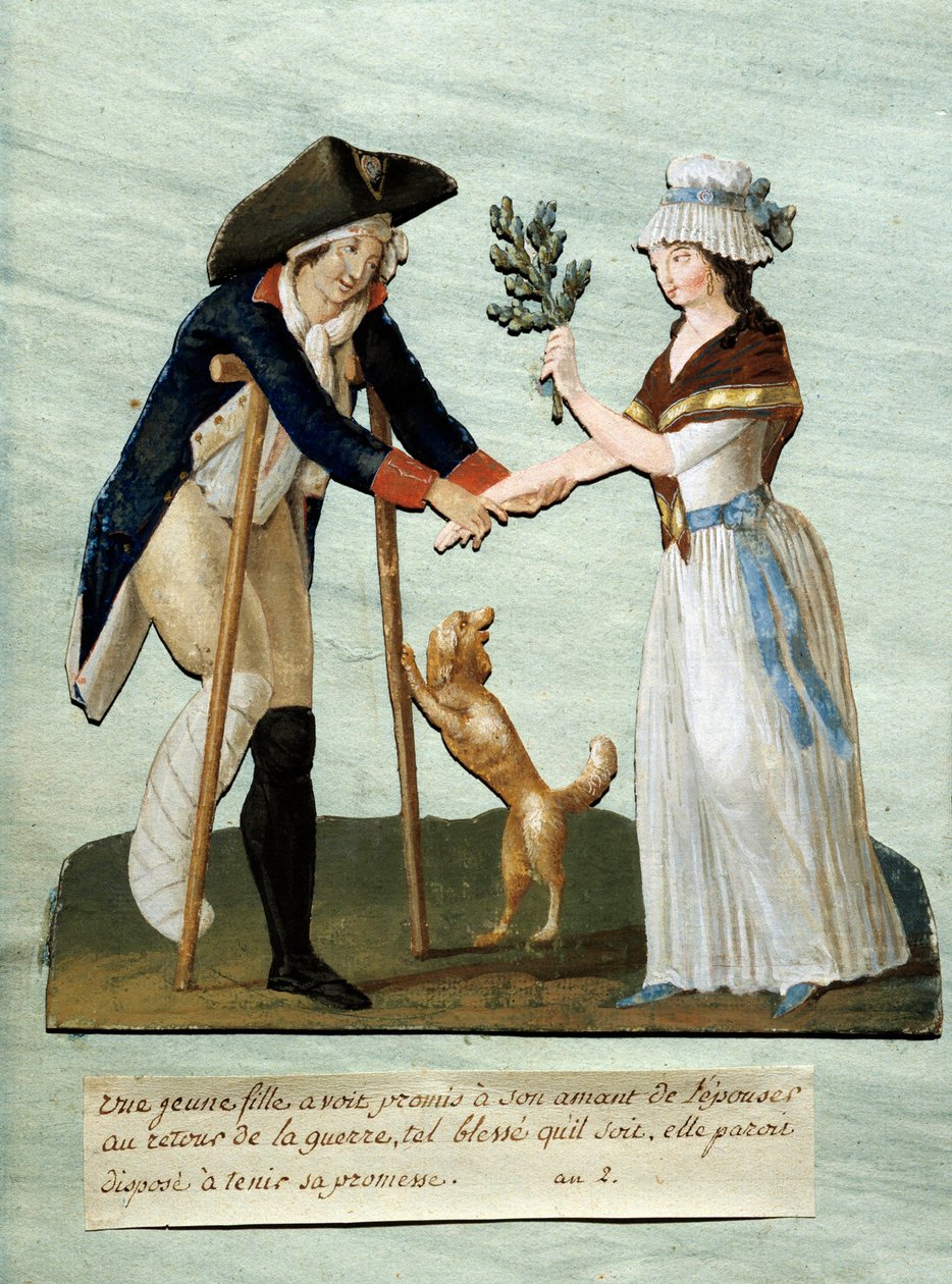 Una giovane ragazza trova le sue ferite promesse dopo la guerra e mantiene la promessa di sposarla. Gouache dei fratelli Lesueur (XVIII secolo). Parigi, Museo Carnavalet da Lesueur Brothers