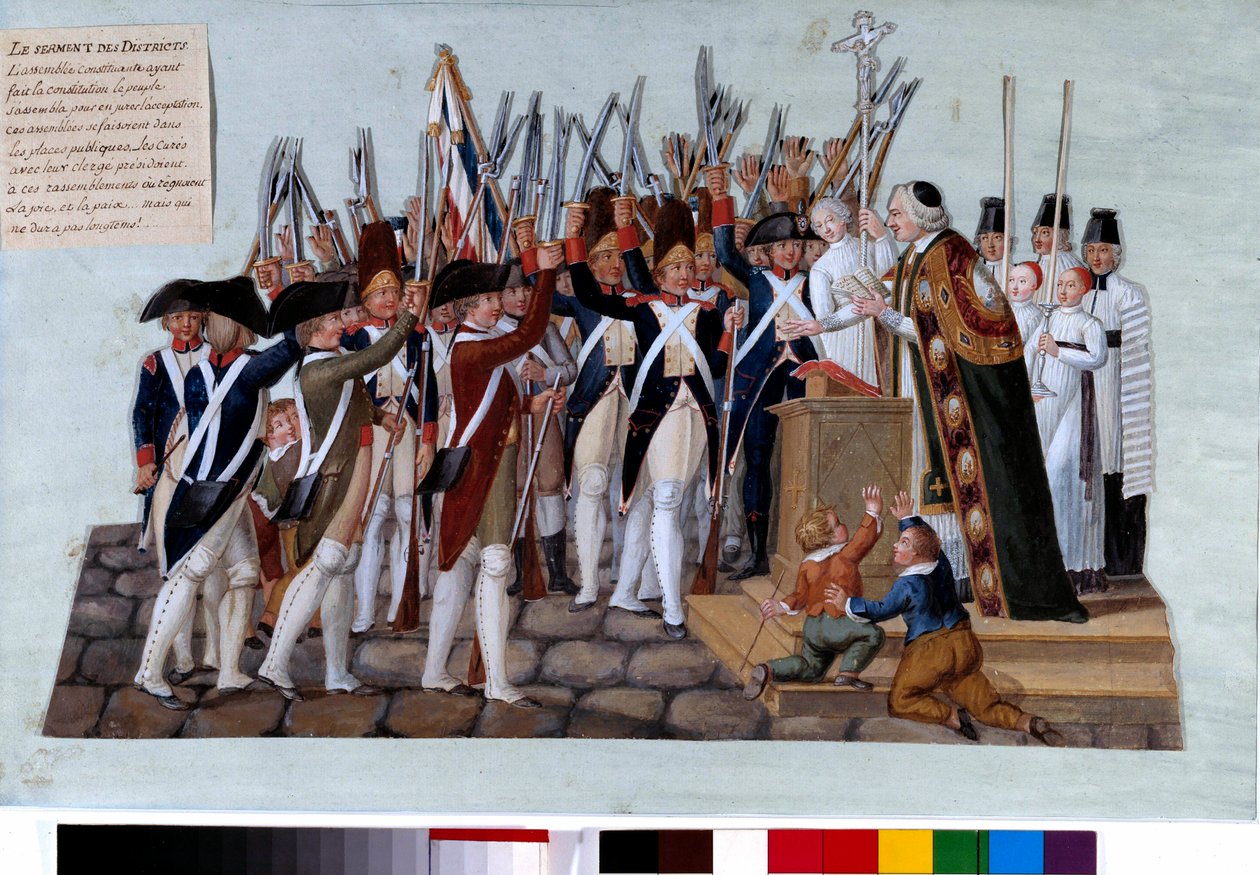 Rivoluzione francese: il giuramento dei distretti. Dopo la proclamazione della Costituzione, il popolo si radunò nelle piazze pubbliche, i curati presiedettero i raduni. Gouache dei fratelli Lesueur (XVIII secolo). 1789 da Lesueur Brothers