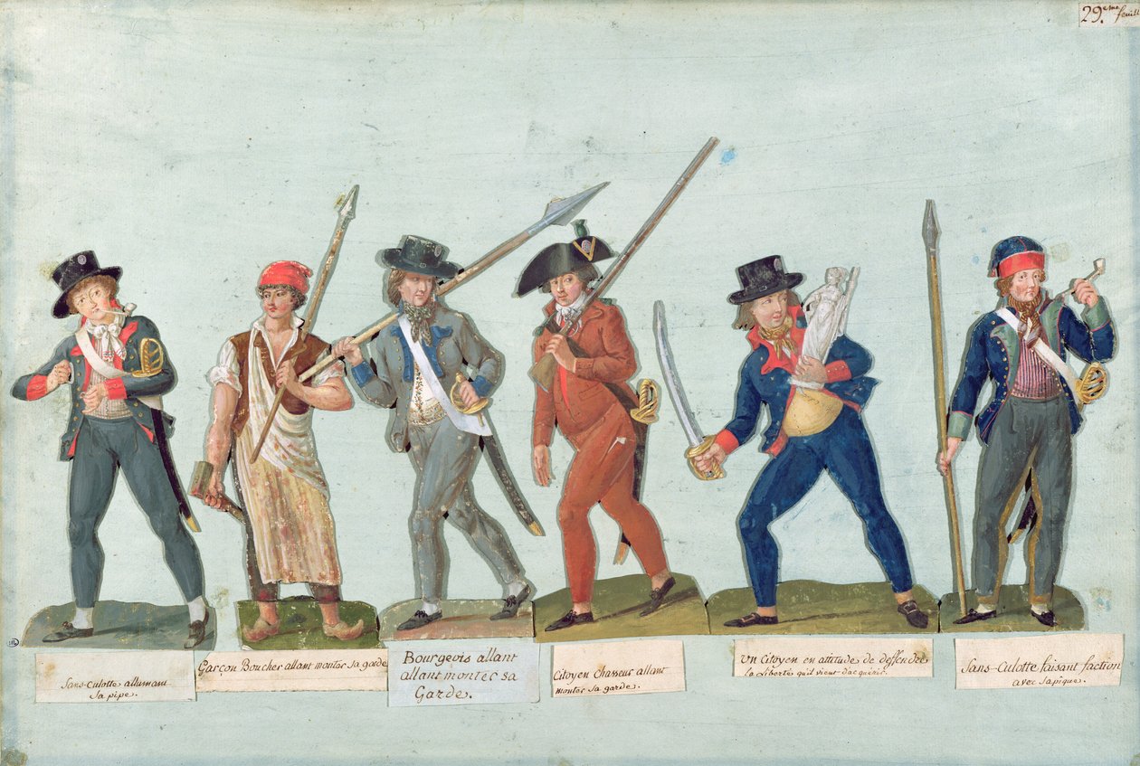 Sans Culotte che accende la pipa, giovane macellaio, borghese che va a fare la guardia, cacciatore, cittadino che difende la sua libertà, Sans Culotte che fa la guardia da Lesueur Brothers