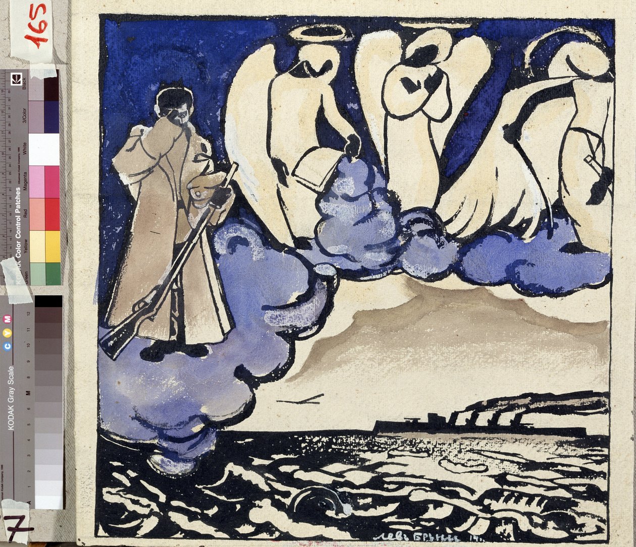 ""La Guerra. Russia. 1914"" Allegoria della Prima Guerra Mondiale. Un soldato e degli angeli. Penna e gouache di Lev Bruni (1894-1948) 1914 State Museum of History, Architecture and Art, Rybinsk, Russia da Lev Aleksandrovitc Bruni