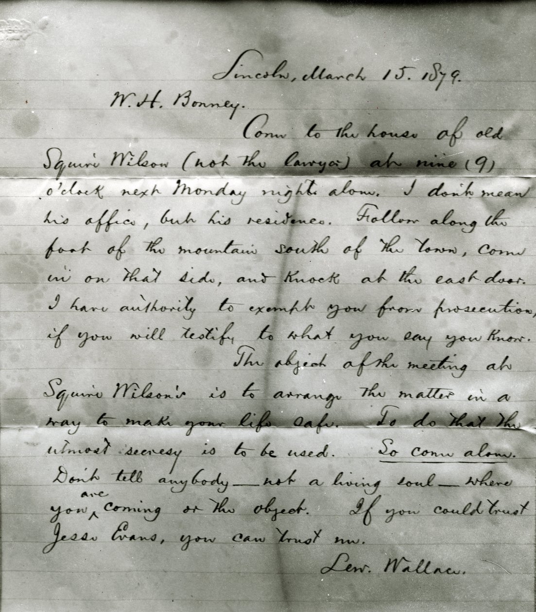 Lettera di Lew Wallace a W. H. Bonney (1860-81) 15 marzo 1879 da Lew Wallace