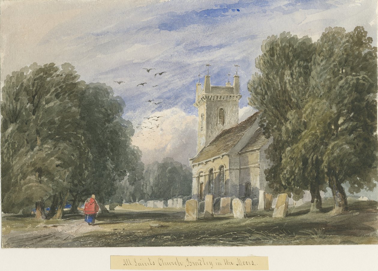 Chiesa di Bradley-in-the-Moors: acquerello, nd [c1830-1840] da Lewis John Wood