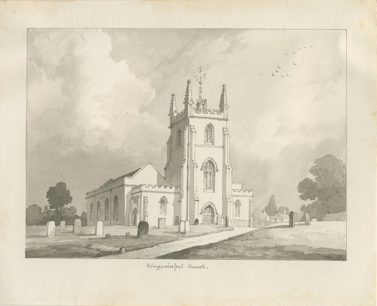 Chiesa di Kingswinford: disegno a seppia da Lewis John Wood