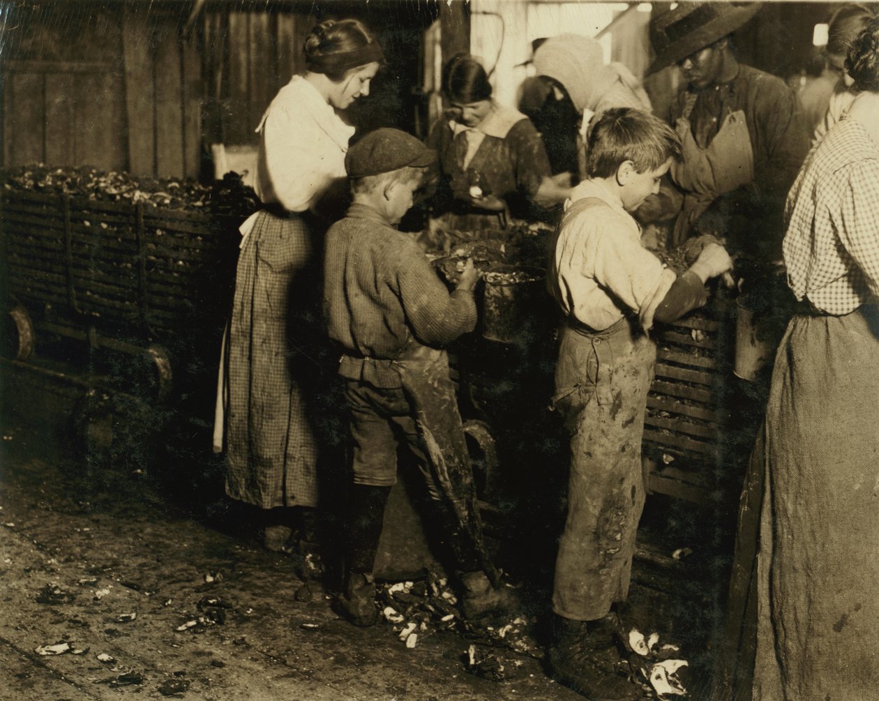 Jimmie di 10 anni che sguscia da 3 anni (6 pentole al giorno) con un ragazzo di 11 anni che sguscia 7 pentole alla Varn und Platt Canning Co., Bluffton, South Carolina, 1913 da Lewis Wickes Hine