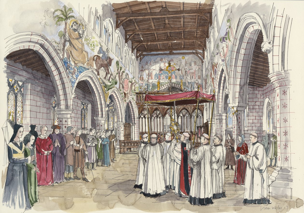 Processione cerimoniale nella chiesa di San Pietro, Barton-upon-Humber, Lincolnshire (acquerello su carta) da Liam Wales