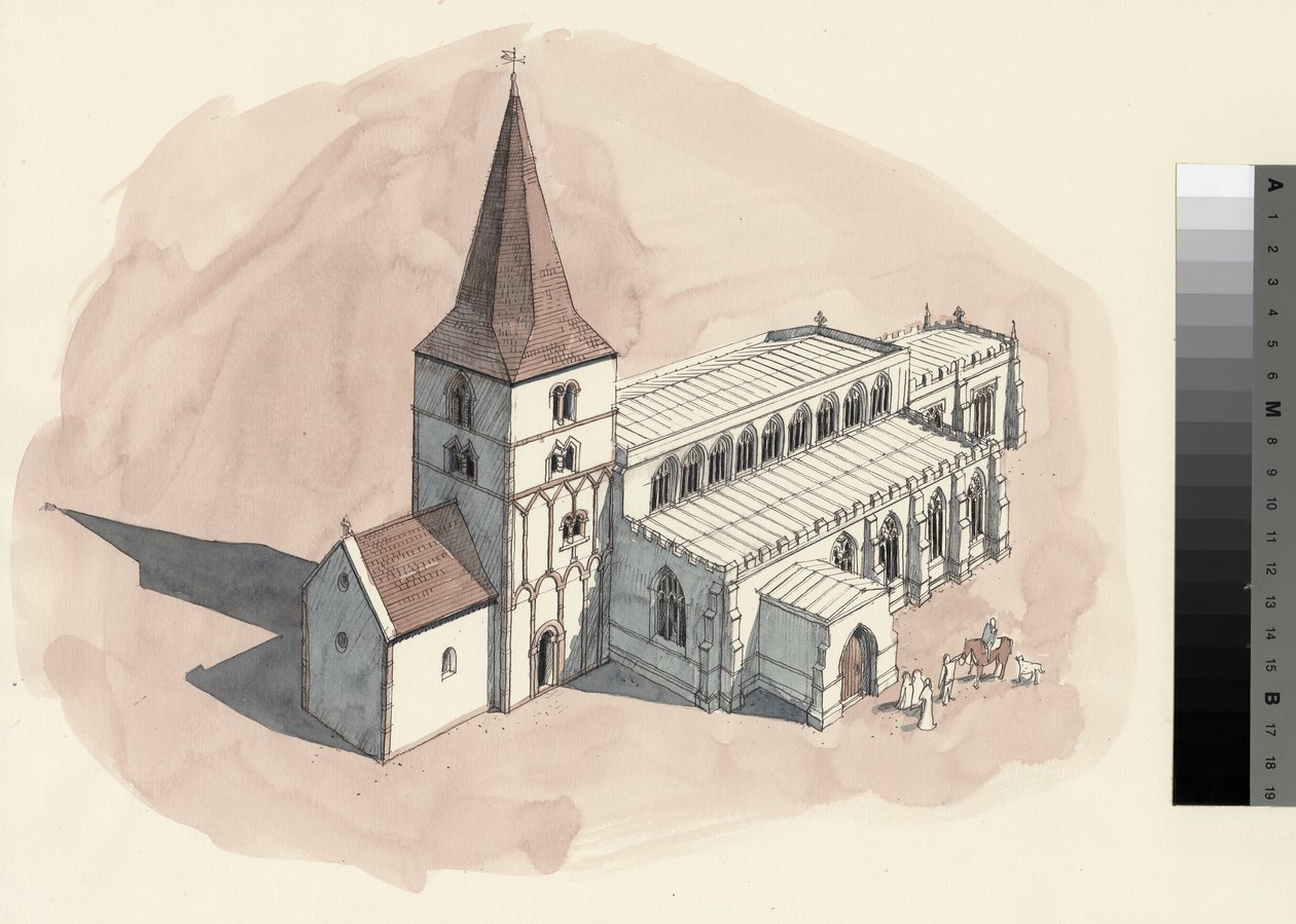 Disegno di ricostruzione della chiesa di San Pietro nel XV secolo (acquerello su carta) da Liam Wales