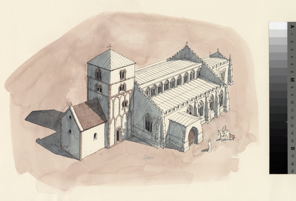 Disegno di ricostruzione della chiesa di San Pietro nel XVIII secolo (acquerello su carta) da Liam Wales