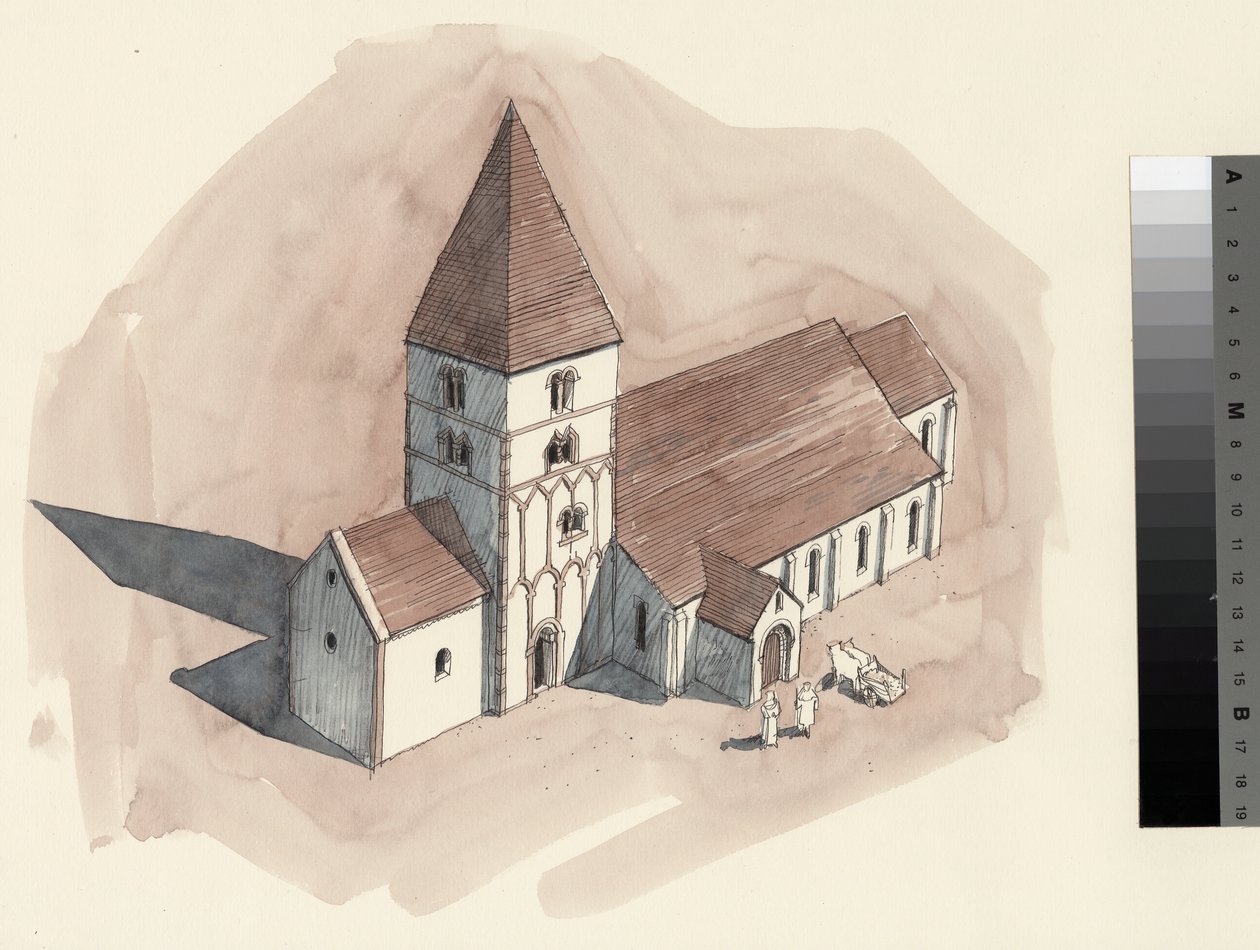 Disegno di ricostruzione della chiesa di San Pietro nel periodo normanno (acquerello su carta) da Liam Wales