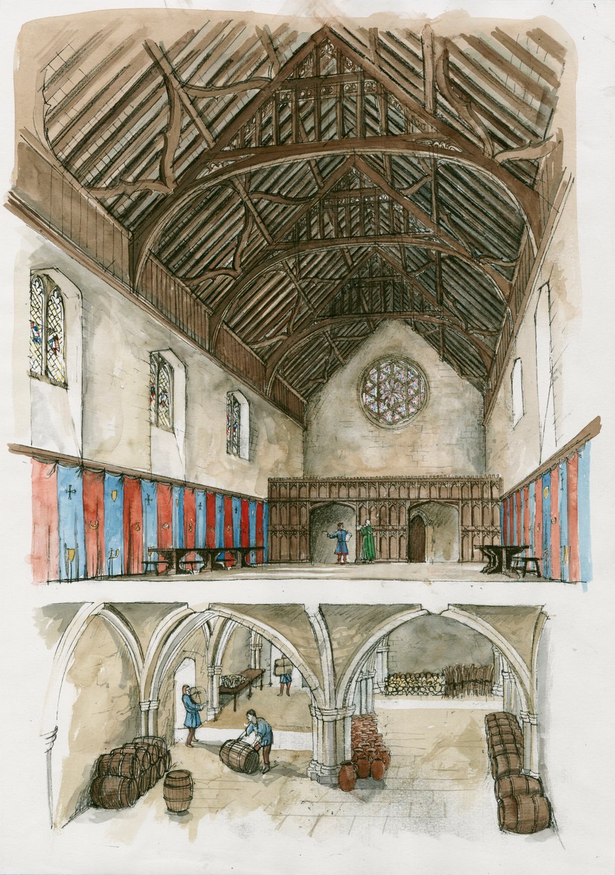 Ricostruzione del Palazzo di Winchester di epoca medievale (acquerello su carta) da Liam Wales