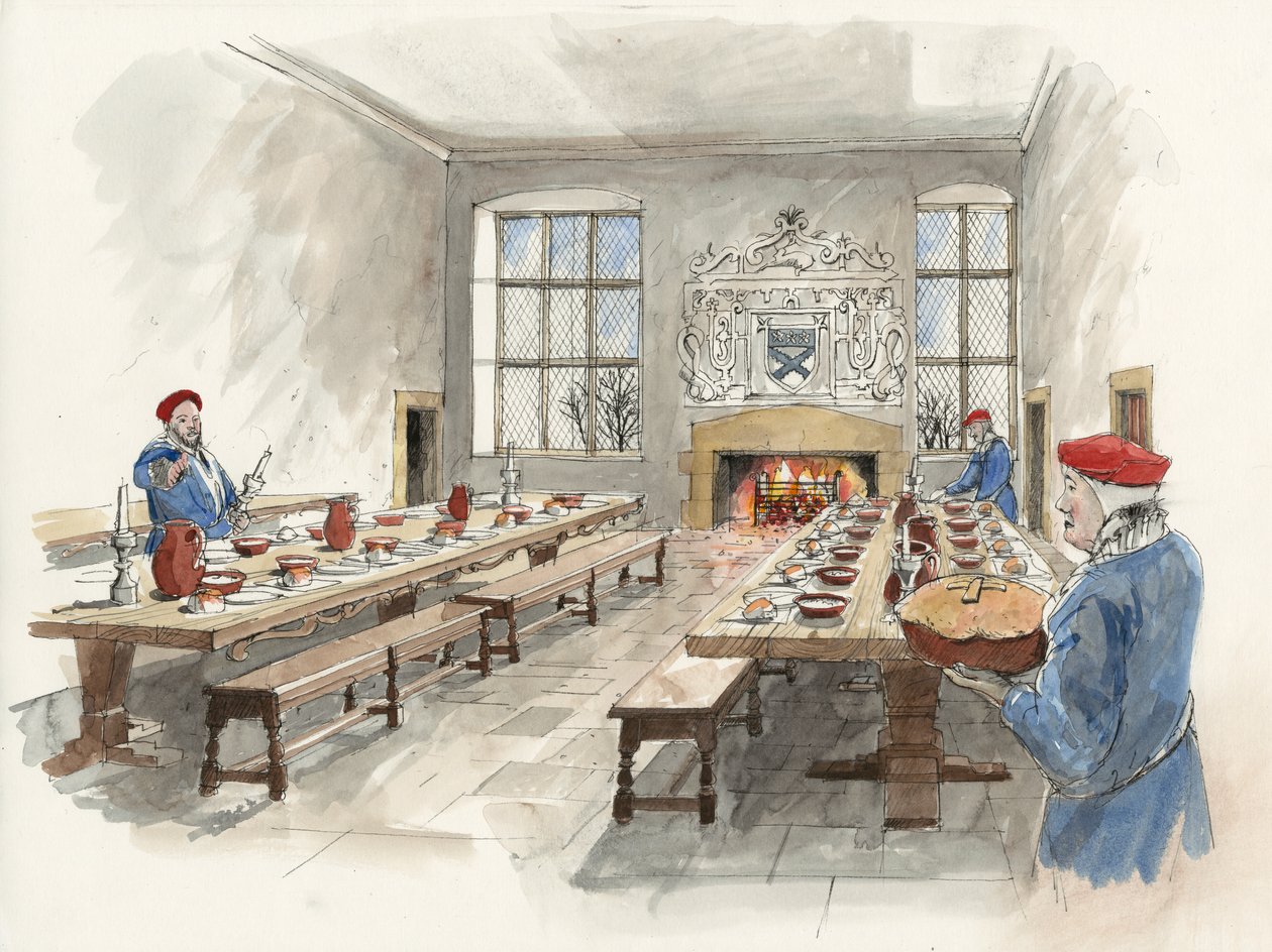 Ricostruzione della Sala Grande della Old Hall di Hardwick nel 1601 (acquerello su carta) da Liam Wales