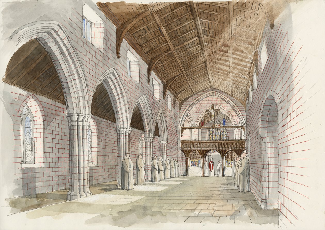 Ricostruzione della navata della chiesa abbaziale di Shap Abbey, 1530 circa (acquerello su carta) da Liam Wales