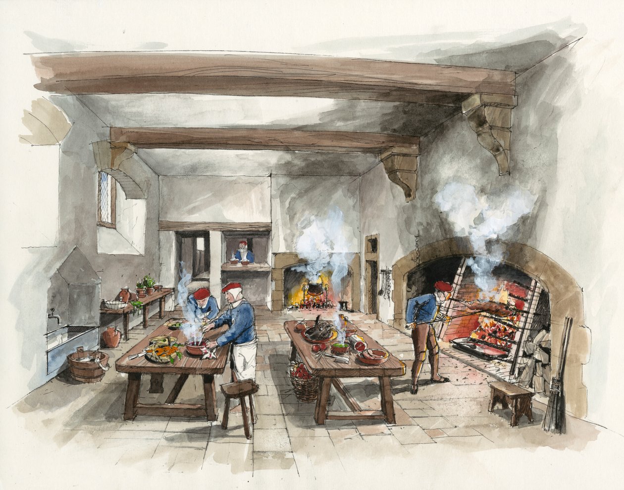 Ricostruzione della cucina di Hardwick Old Hall nel 1601 (acquerello su carta) da Liam Wales