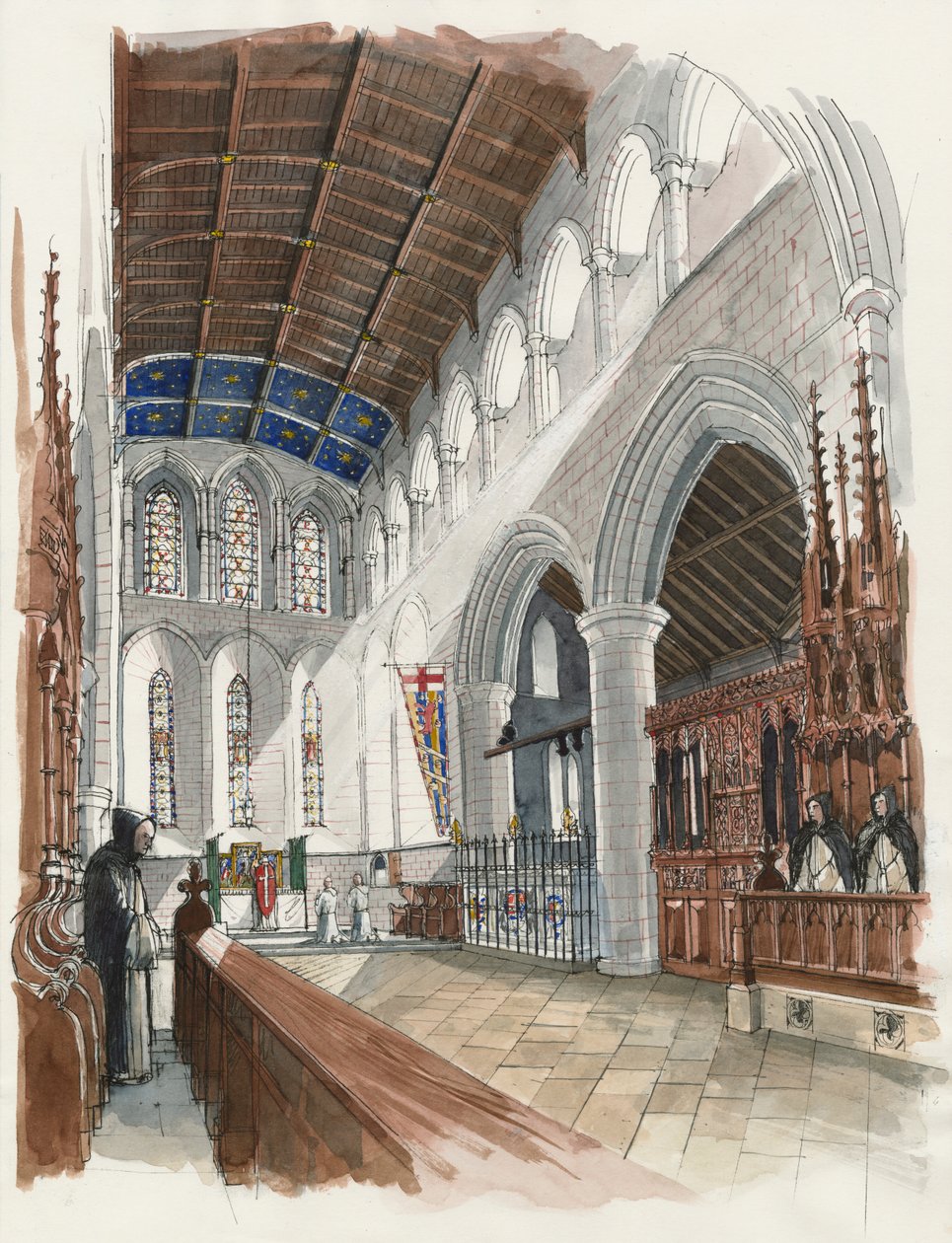 Ricostruzione del presbiterio del Lanercost Priory (acquerello su carta) da Liam Wales