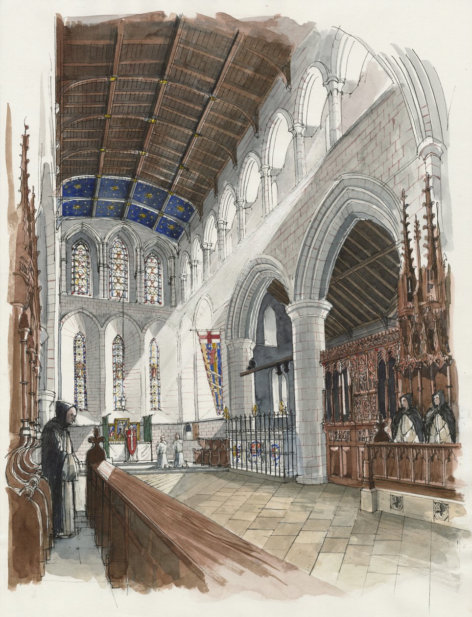 Ricostruzione del presbiterio del Lanercost Priory (acquerello su carta) da Liam Wales