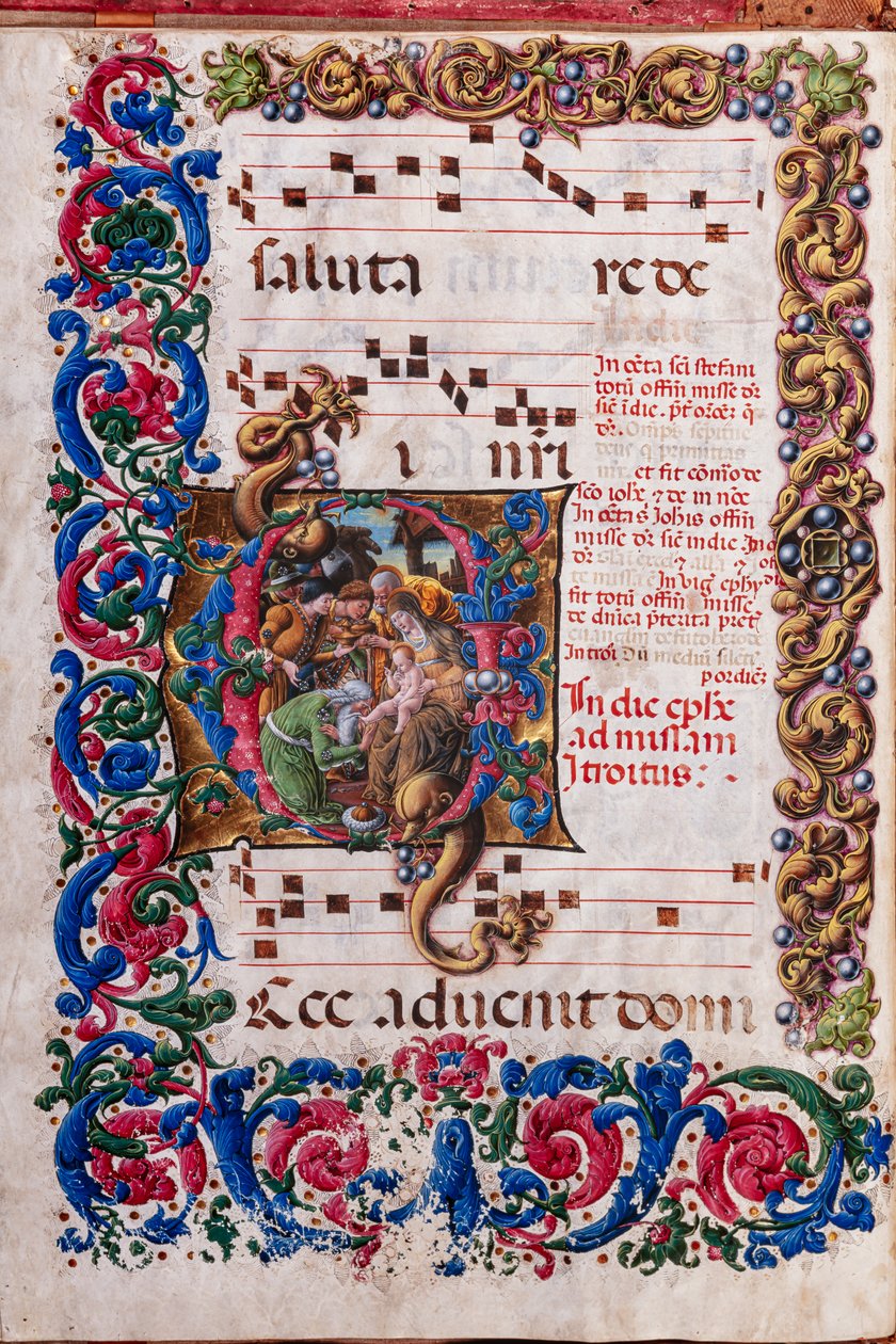 Biblioteca Piccolomini: libro corale, cod. 19.4, ff. 9v con “Adorazione dei Magi”, di Liberale da Verona (circa 1445 - 1527/9) da Liberale da Verona