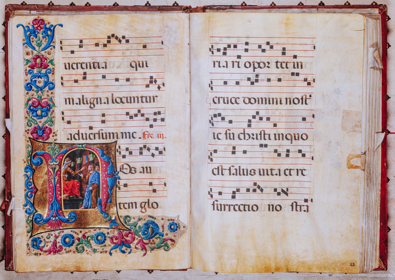 Biblioteca Piccolomini: libro del coro, cod. 22.7, ff. 22v-23r con "Cristo davanti a Pilato" da Liberale da Verona