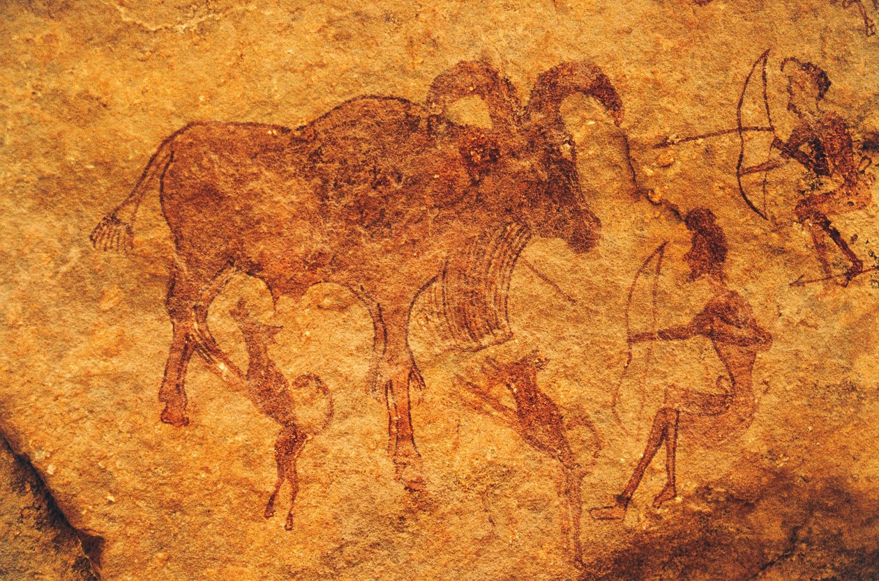 Arcieri, cani e animale ungulato, pittura rupestre, Tassili n