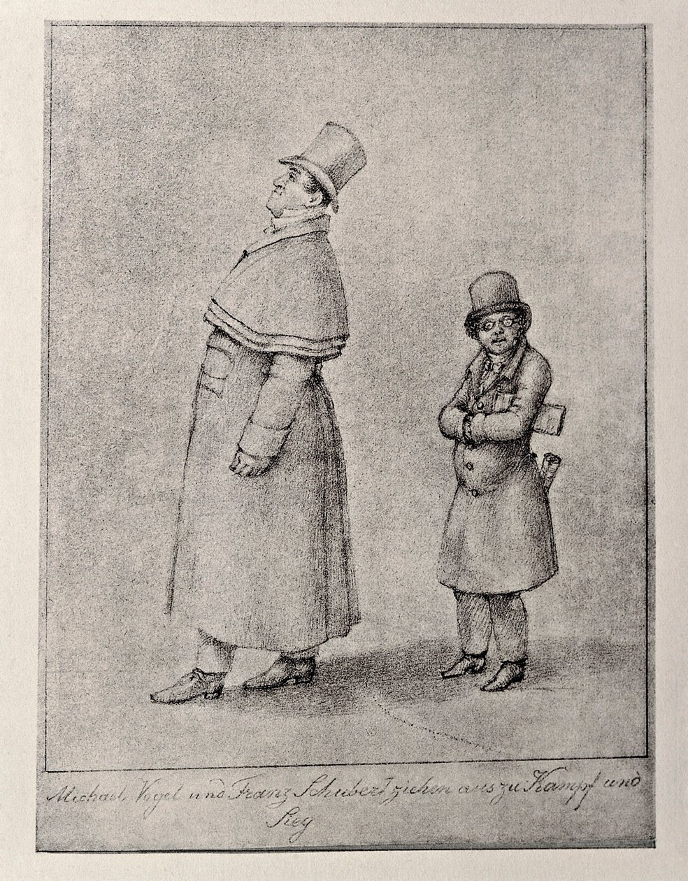 Austria, Vienna, Caricatura del baritono austriaco Johann Michael Vogl e del compositore Franz Peter Schubert, circa 1825, disegno a matita da Unbekannt Unbekannt