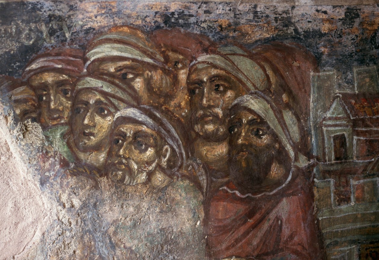Affresco con gruppo di uomini, chiesa bizantina di Ayios Stephanos, Drakona, Creta, Grecia (foto) da Unbekannt Unbekannt