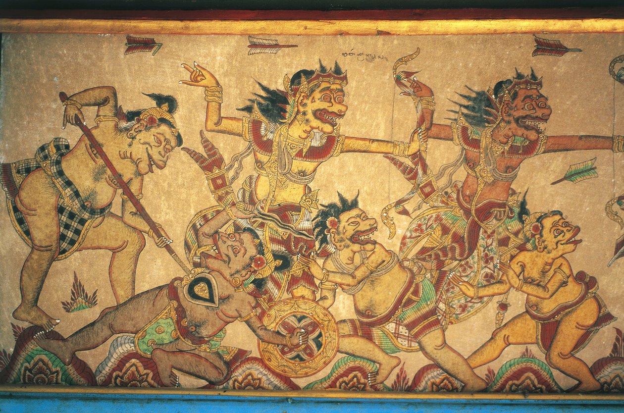 Affreschi che raffigurano scene di battaglie tra dei e demoni, padiglione Kertha Gosa, Palazzo Klungkung (Puri Agung Semarapura), Semarapura, Bali, Indonesia da Unbekannt Unbekannt