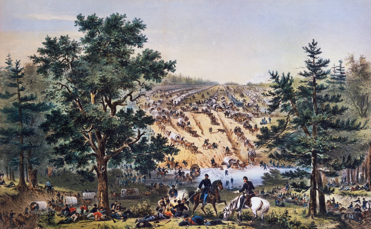 Ritirata di George Brinton McClellan, guado di Bear Creek, Armata del Potomac, luglio 1862, disegno di John Badger Bachelder, incisione di Bufford, guerra civile americana, USA da Unbekannt Unbekannt
