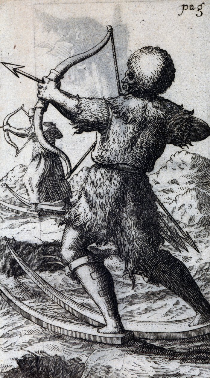Cacciatore con arco e frecce su sci corti, illustrazione da De Calceo Antiquo, di B Balduinus da Unbekannt Unbekannt