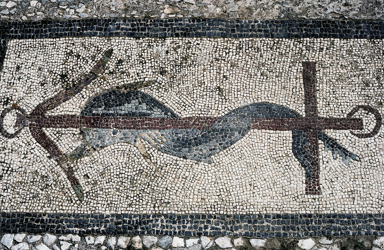 Mosaico raffigurante delfino e ancora, isola di Delo (Lista del Patrimonio Mondiale UNESCO) da Unbekannt Unbekannt