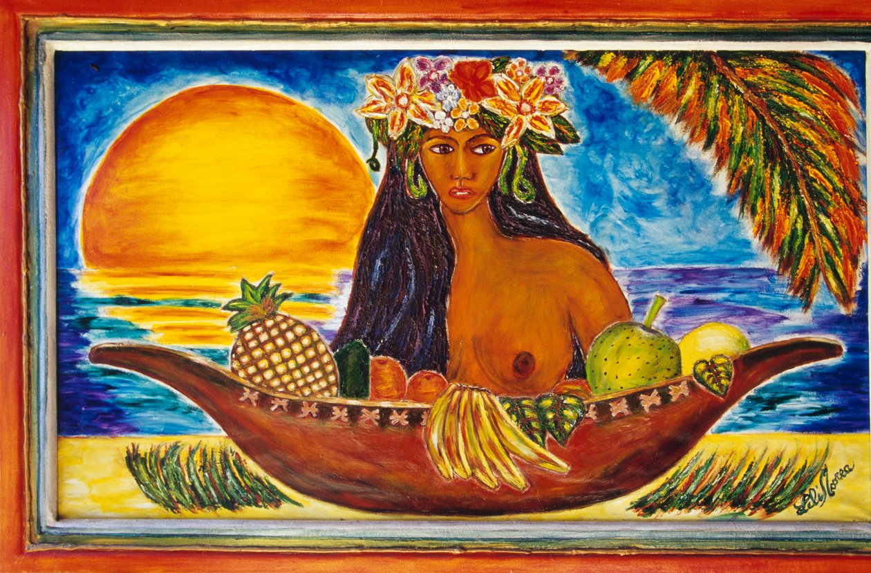 Vetro dipinto raffigurante donna polinesiana, isola di Moorea, Isole della Società, Polinesia Francese (territorio d